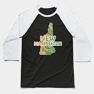 Colorful mandala art map of New Hampshire with text in green and orange Baseball T-Shirt